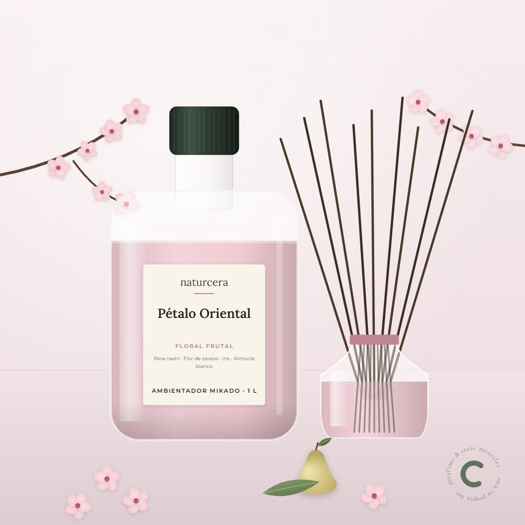 Recarga de ambientador mikado Pétalo Oriental de Naturcera, envase de 1 L junto a un difusor de varillas