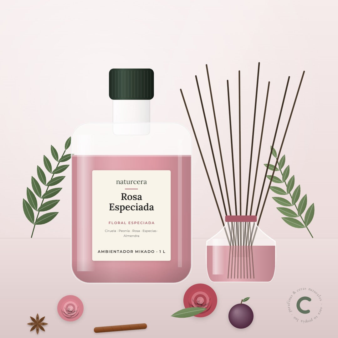 Recarga de ambientador mikado Rosa Especiada de Naturcera, envase de 1 L junto a un difusor de varillas