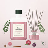 Recarga de ambientador mikado Rosa Especiada de Naturcera, envase de 1 L junto a un difusor de varillas
