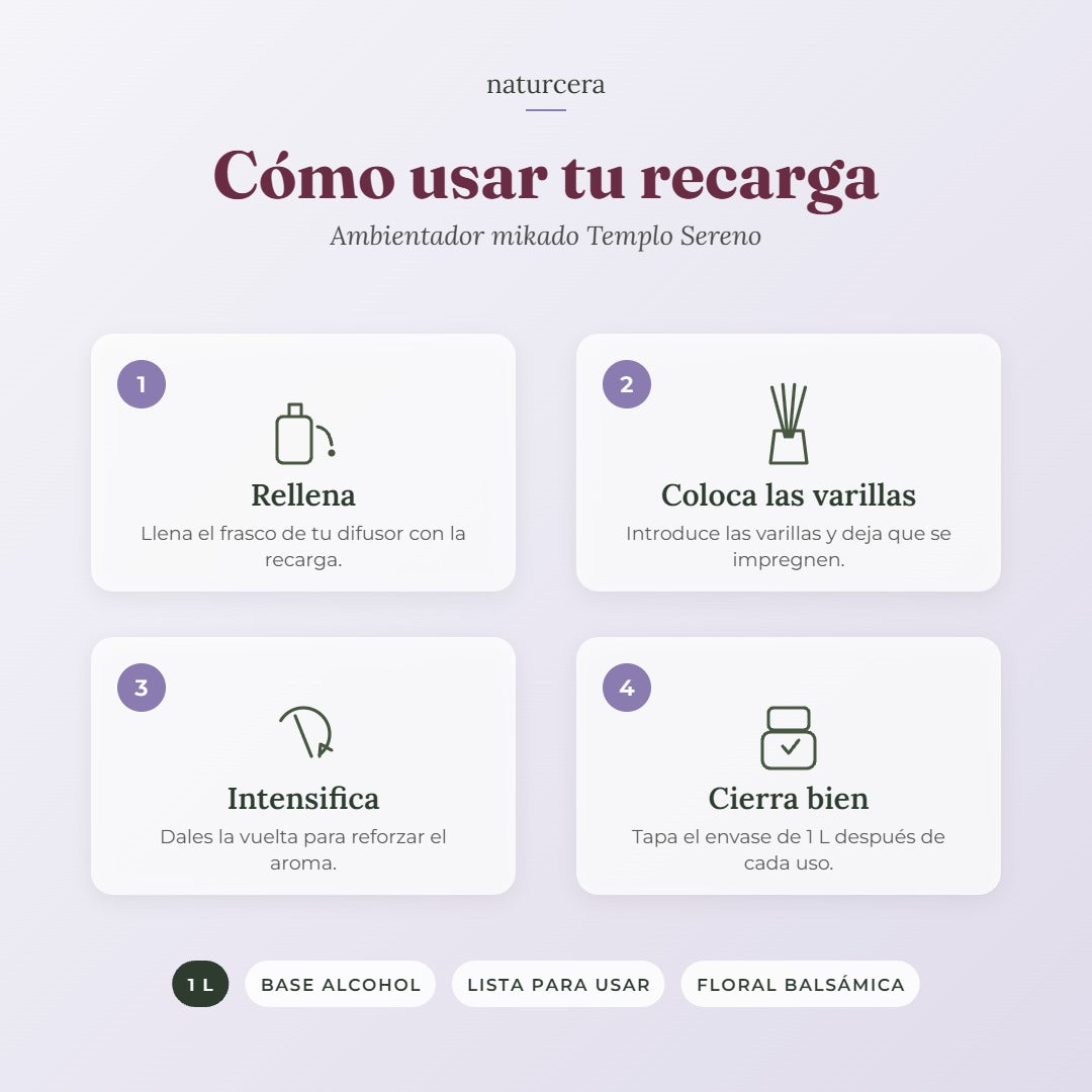 Cómo usar la recarga de ambientador mikado Templo Sereno de 1 L en 4 pasos
