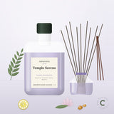 Recarga de ambientador mikado Templo Sereno de Naturcera, envase de 1 L junto a un difusor de varillas
