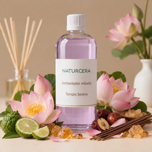 Recarga de ambientador mikado Templo Sereno de Naturcera, botella de 1 L con los ingredientes de su aroma