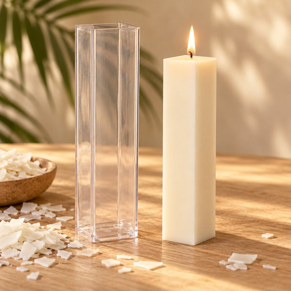 Stampo in plastica trasparente per candele quadrate alte accanto a una candela a colonna quadrata accesa - Naturcera