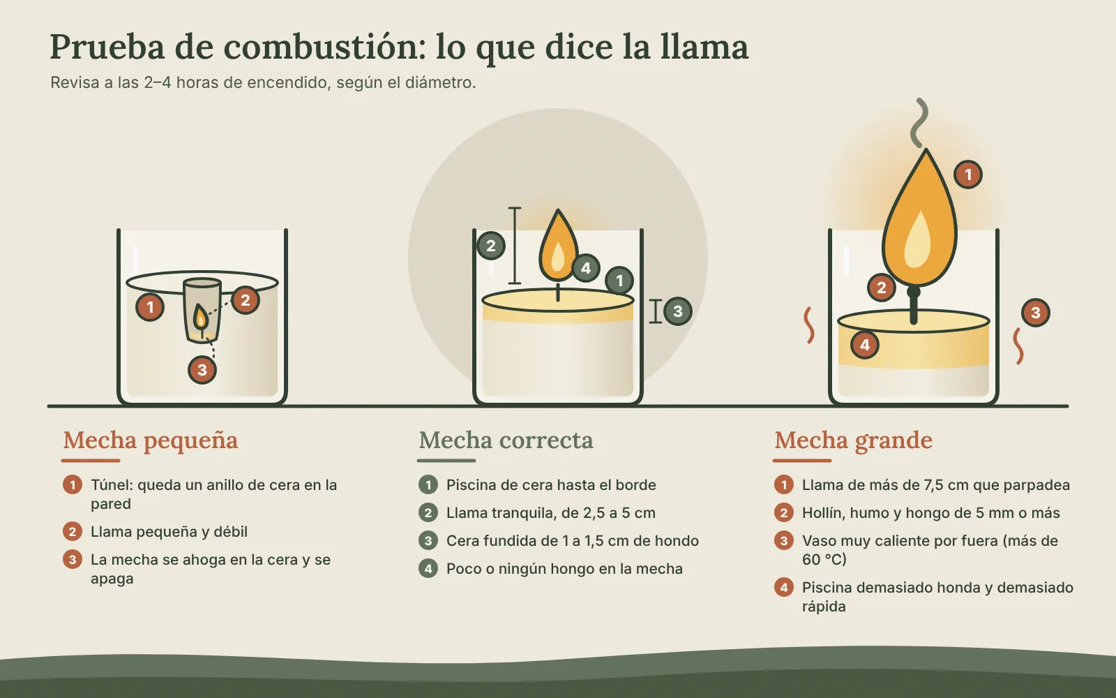 Diagnóstico de la prueba de combustión: mecha pequeña con túnel, mecha correcta con piscina completa y mecha grande con llama alta, hollín y vaso caliente