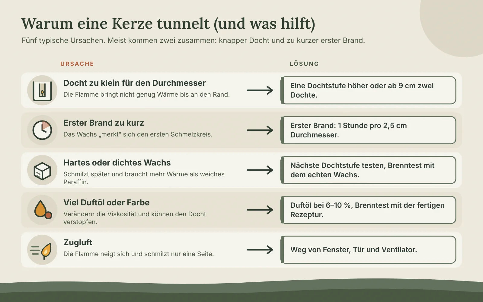 Grafik der fünf Ursachen, warum eine Kerze tunnelt, mit Lösung: zu kleiner Docht, zu kurzer erster Brand, hartes Wachs, zu viel Duftöl oder Farbe und Zugluft
