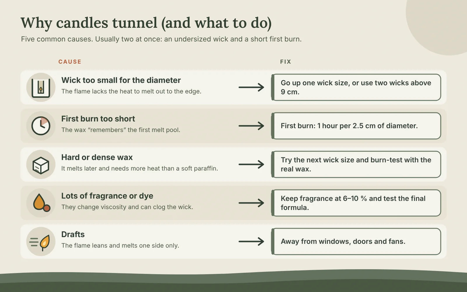 Diagram of the five causes of candle tunneling and their fixes: undersized wick, short first burn, hard wax, too much fragrance or dye, and drafts