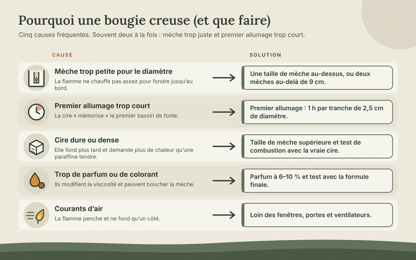 Schéma des cinq causes de l’effet tunnel d’une bougie et de leurs solutions : mèche trop petite, premier allumage trop court, cire dure, trop de parfum ou de colorant, courants d’air