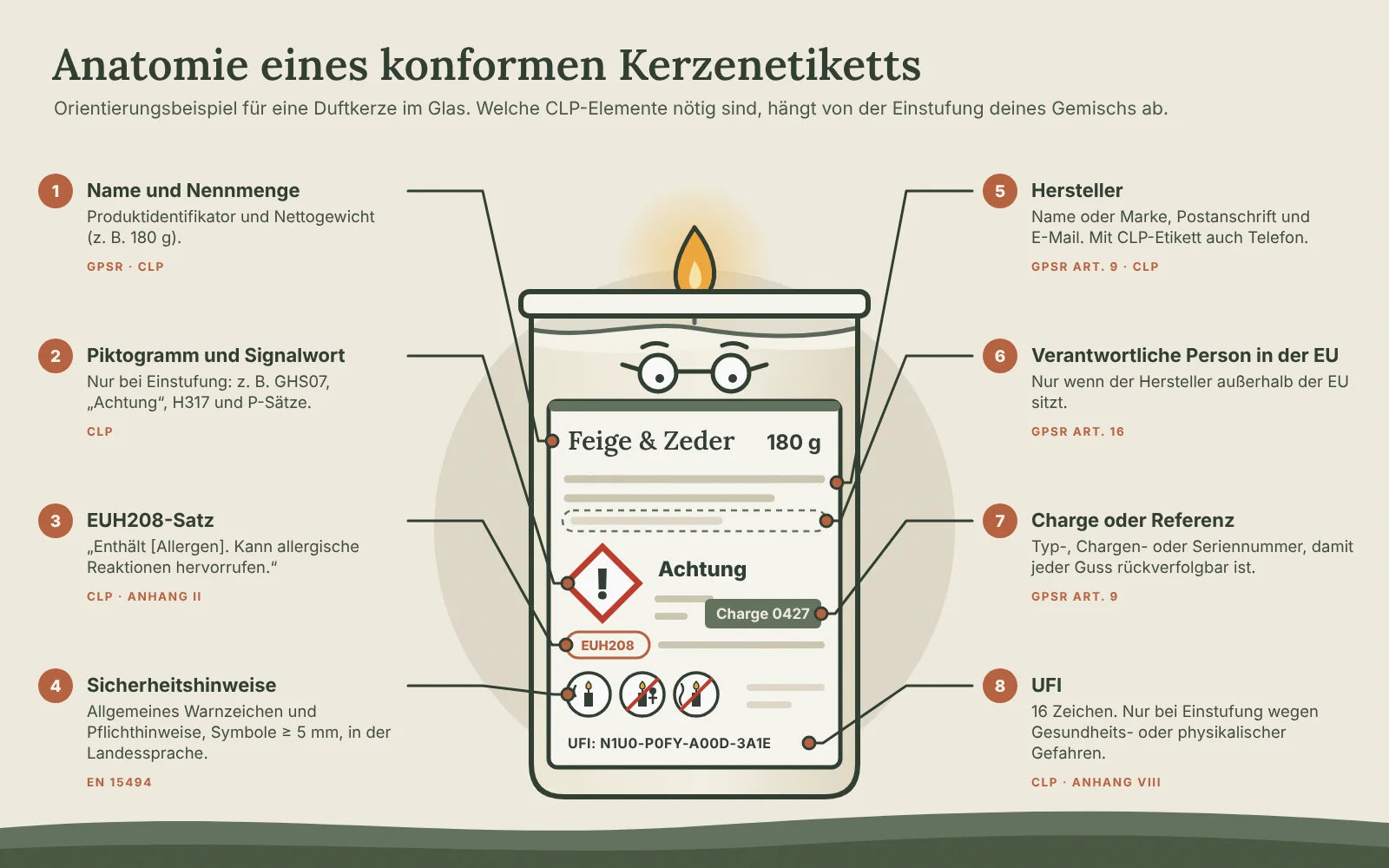 Anatomie eines Kerzenetiketts auf einem Glas mit Pfeilen: Name und Gewicht, CLP-Piktogramm, EUH208, Warnhinweise nach EN 15494, Hersteller, verantwortliche Person in der EU, Charge und UFI