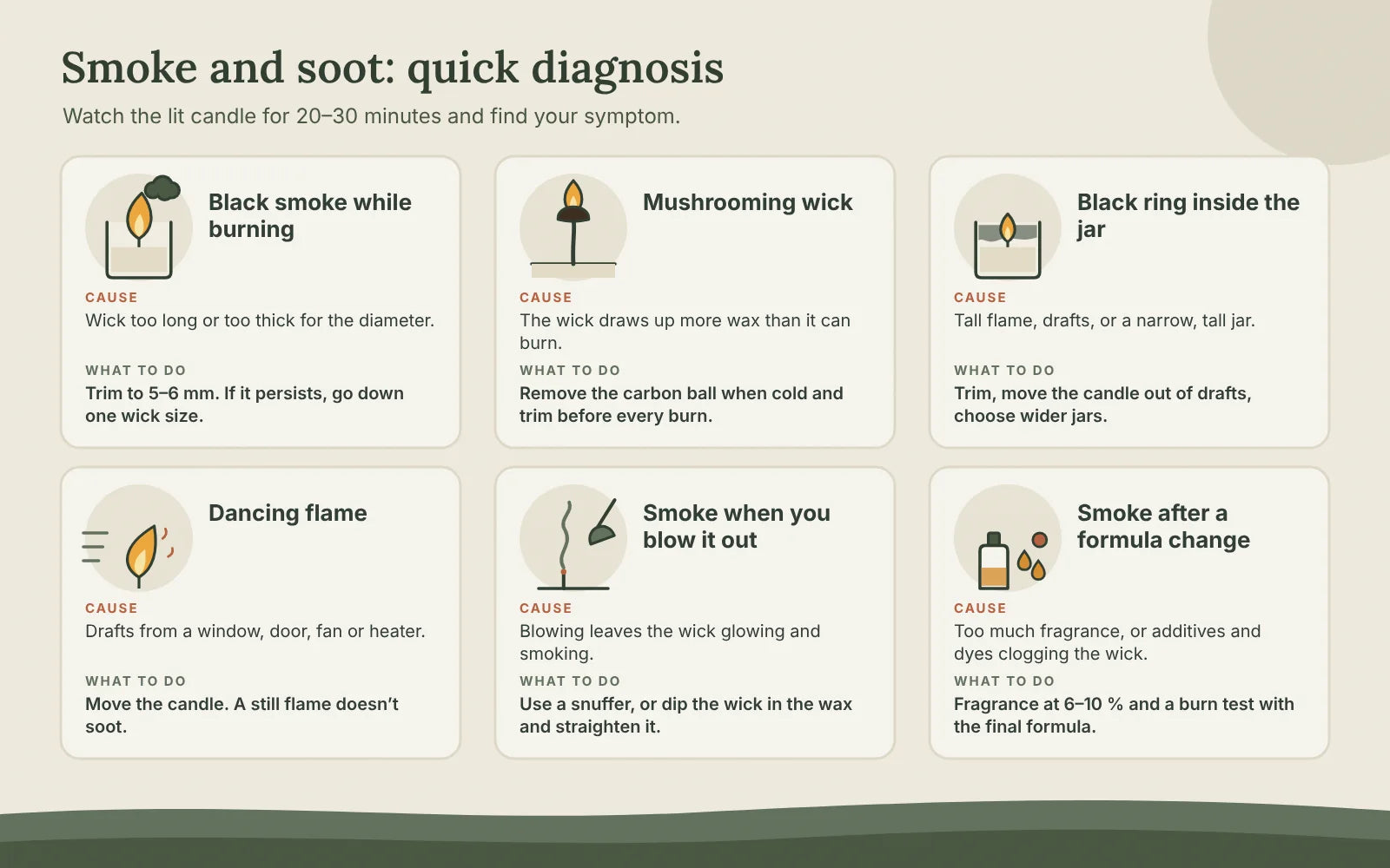 Candle soot diagnosis in six symptoms: black smoke while burning, mushrooming wick, black ring inside the jar, dancing flame, smoke when blown out and smoke after a formula change, each with cause and fix
