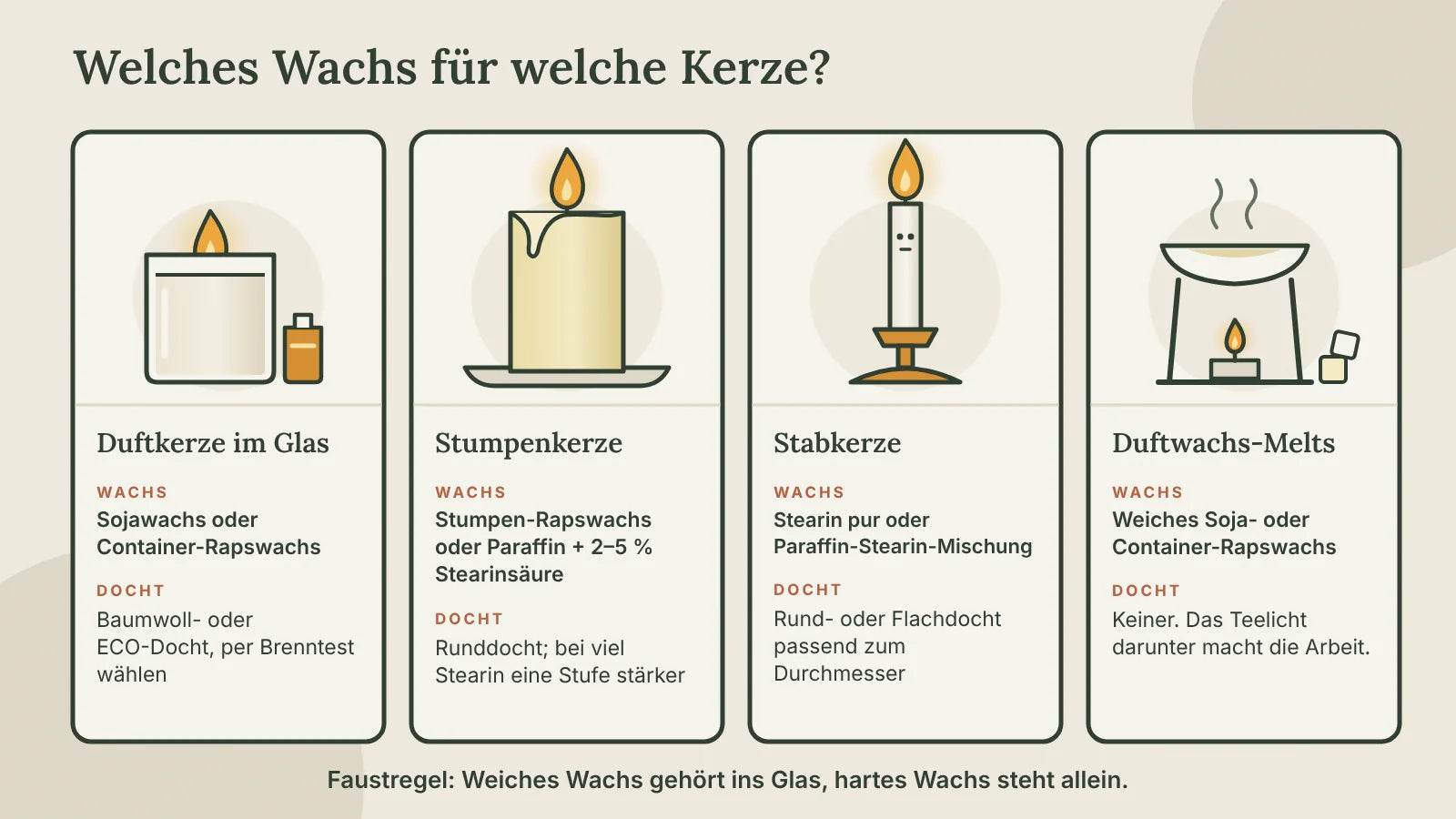 Übersicht: Duftkerze im Glas mit Soja- oder Container-Rapswachs, Stumpenkerze mit Stumpen-Rapswachs oder Paraffin plus Stearin, Stabkerze mit Stearin, Duftwachs-Melts mit weichem Sojawachs, jeweils mit passendem Docht