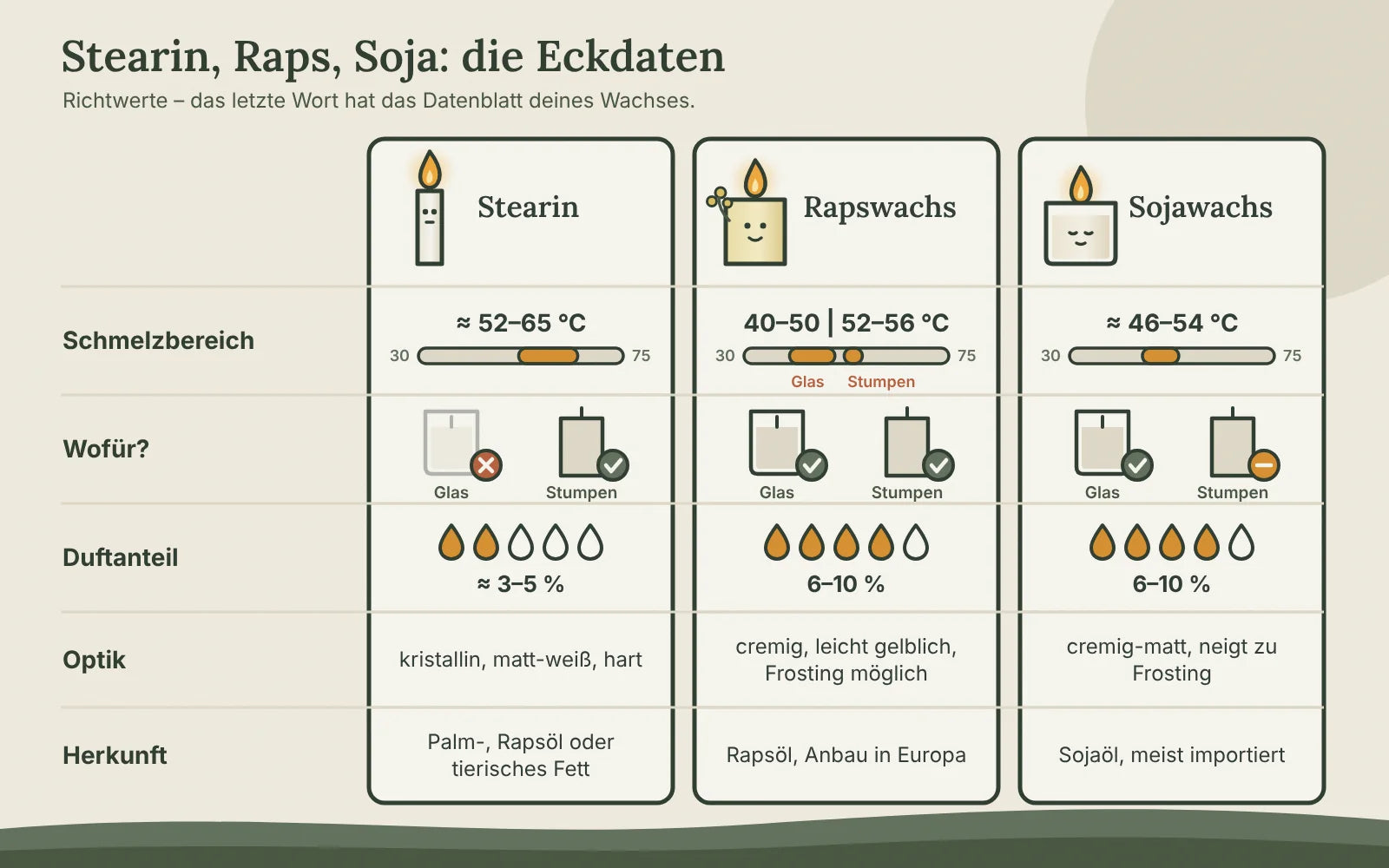 Vergleichstabelle Stearin, Rapswachs und Sojawachs: Schmelzbereich, Einsatz im Glas oder als Stumpen, Duftanteil, Optik und Herkunft