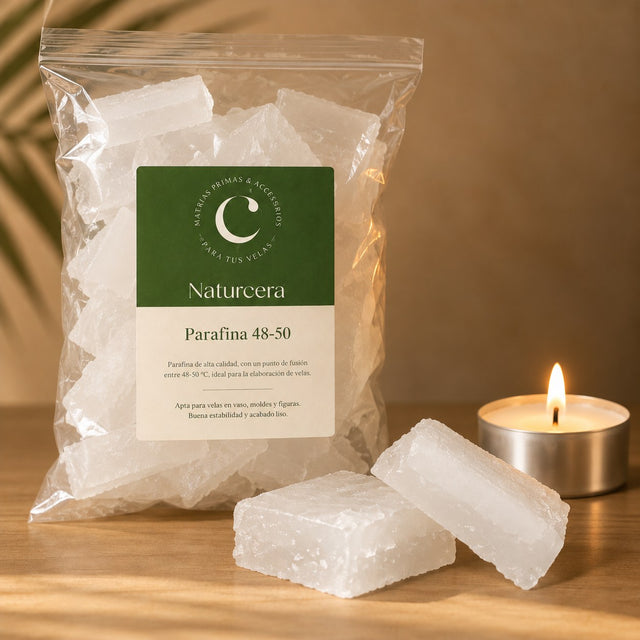 Busta Naturcera di paraffina 48-50 a basso punto di fusione in lastre con tealight accesa