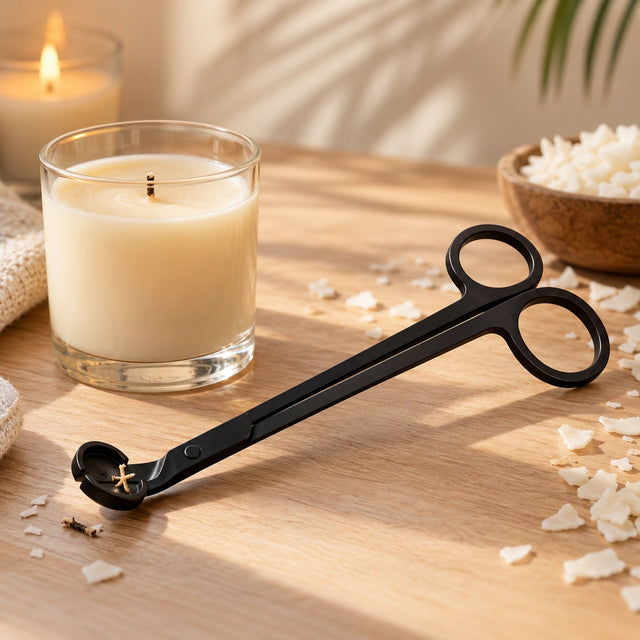 Tijeras cortamechas negras para velas junto a una vela de cera en vaso de cristal - Naturcera
