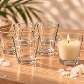 Confezione di bicchieri in vetro trasparente da 280 ml per candele con candela di soia accesa