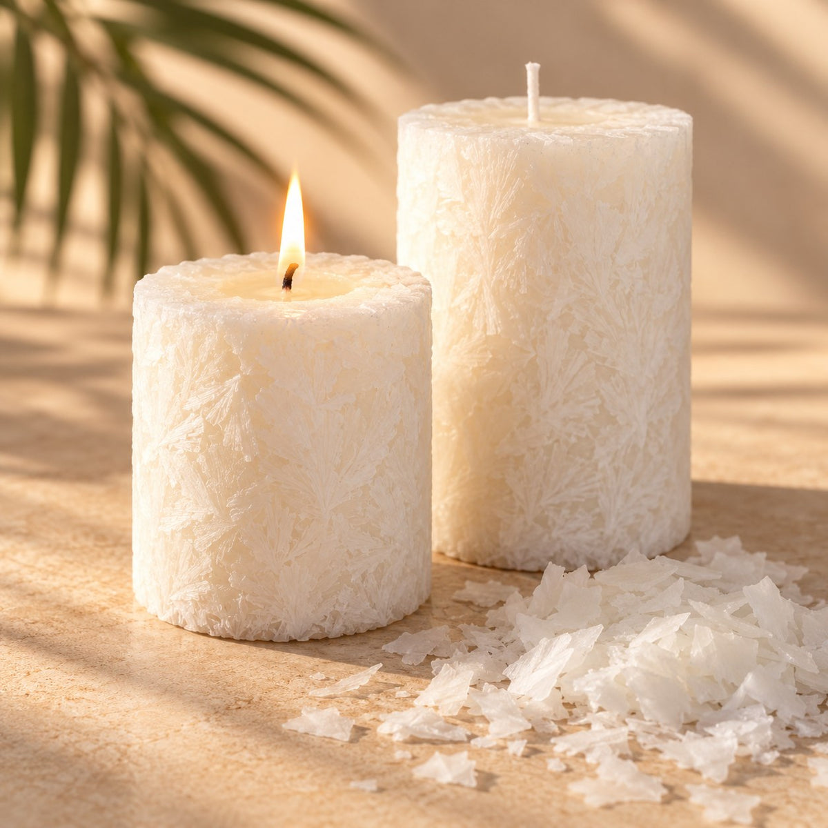 Velas de pilar de cera de palma con acabado cristalizado y escamas de cera de palma